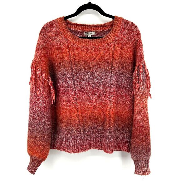 FRYE & CO. Red Orange Wool Cable Knit Fringe Penny Lane Boho Boxy Sweater Large - Picture 1 of 6